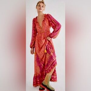 UNIVERSITY CLUB Boho Ruffle Tiered Ditzy Floral Print Maxi Dress Pink/Orange M